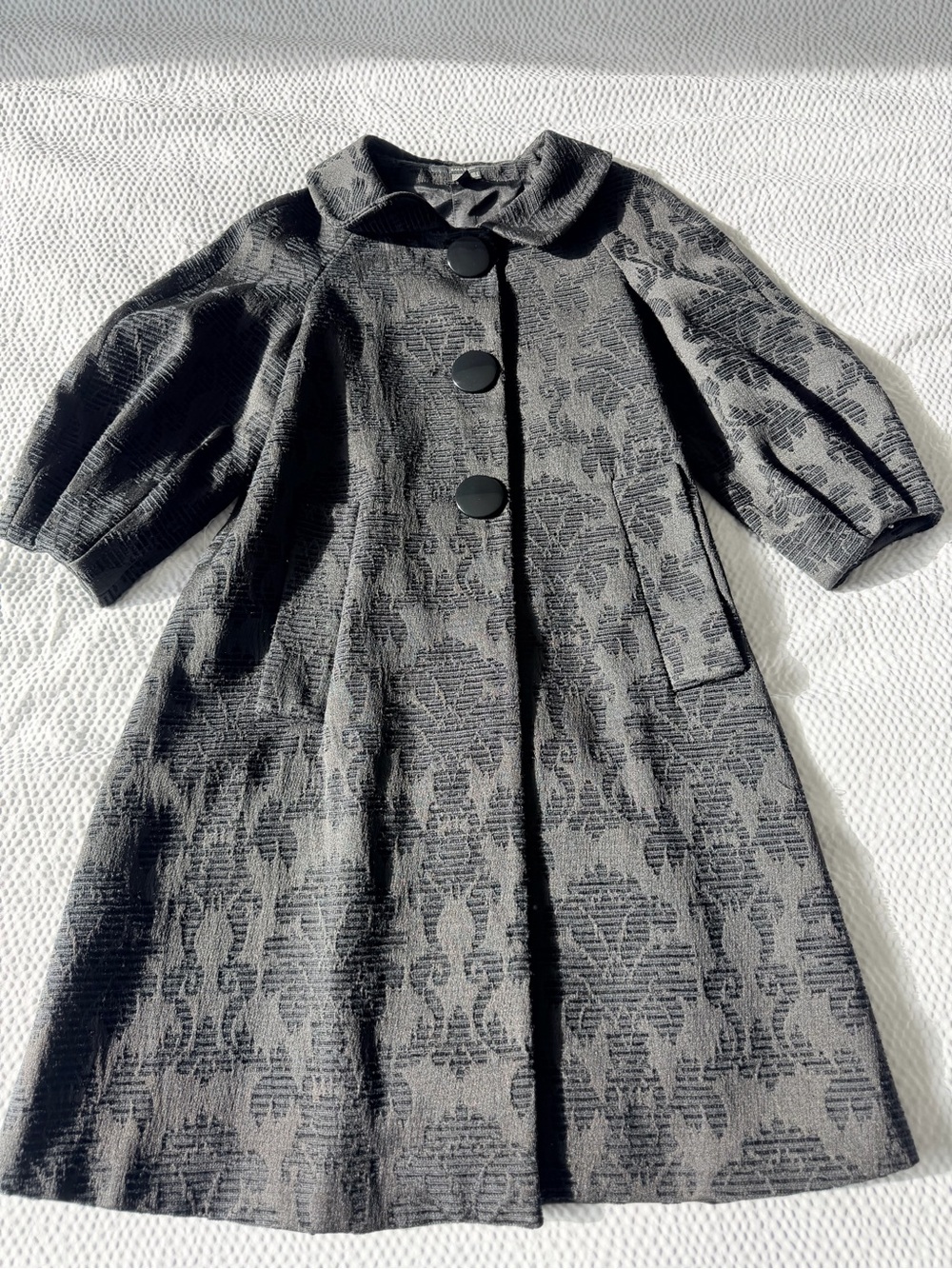 Black Jacquard Peter Pan Collar Button-Front Dress Coat Vintage Style 3/4 Sleeve